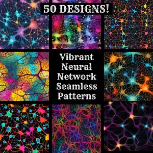 以下が含まれることがあります： 青、緑、黄、オレンジ、赤、紫など、さまざまな色で構成された、50種類の鮮やかなニューラルネットワークのシームレスパターン。パターンは抽象的で幾何学的なもので、さまざまなデザインプロジェクトで使用できます。