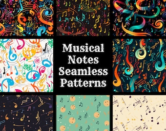 May include: 50 colorful seamless patterns featuring musical notes. The patterns include various styles of notes, including treble clefs, bass clefs, and quarter notes. The patterns are perfect for creating unique and stylish designs for a variety of projects.