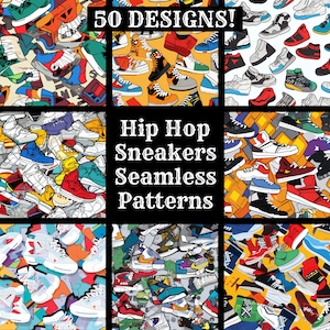 May include: A collage of nine colorful seamless patterns featuring various styles of sneakers. The text "Hip Hop Sneakers Seamless Patterns" is in the center of the image.