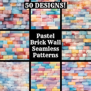 May include: A collection of 50 seamless pastel brick wall patterns. The patterns feature various shades of pink, blue, yellow, and grey bricks.