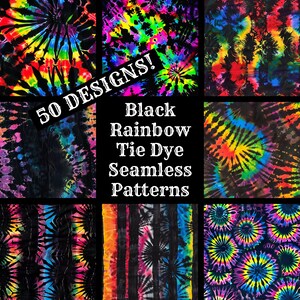 May include: 50 seamless tie dye patterns in black and rainbow colours. The patterns are in a variety of styles, including swirls, stripes, and dots.