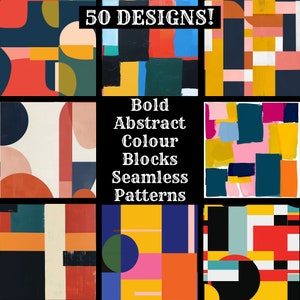 May include: 50 bold abstract colour block seamless patterns. The patterns feature geometric shapes in red, yellow, blue, green, black, white, and pink.