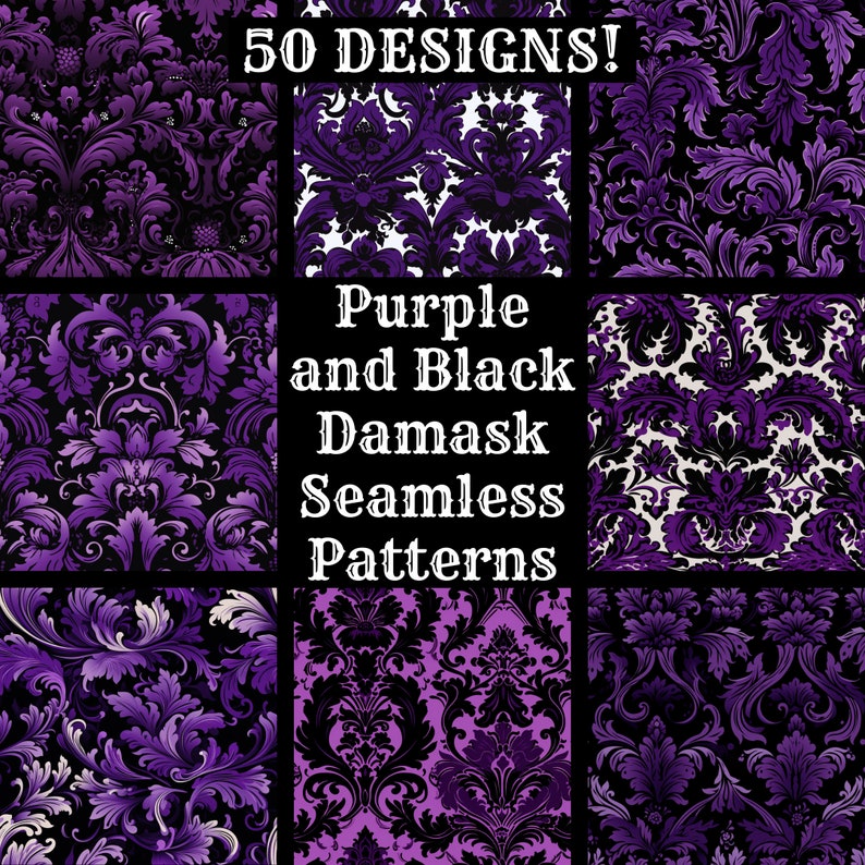 Purple & Black Damask Seamless Patterns: 50 PNG Digital Papers (digital ...