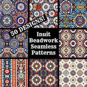 Op de afbeelding: Een collage van 50 kleurrijke, geometrische patronen geïnspireerd door Inuit-parelwerk. De patronen zijn naadloos en kunnen worden gebruikt voor een verscheidenheid aan projecten, zoals stof, behang en digitaal ontwerp.