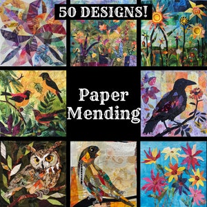 May include: A collage of nine images featuring paper mending designs. The center image reads "Paper Mending" in white text on a black background. The other images feature various designs, including birds, flowers, and owls.
