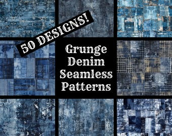 Grunge Denim Seamless Paper Textures: 50 PNG Designs (Digital Download)