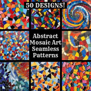 Può includere: Un collage di nove motivi a mosaico colorati, ognuno con un design diverso. I motivi sono composti da piccoli pezzi irregolari di vetro o piastrelle in vari colori, tra cui rosso, blu, verde, giallo e nero. Il titolo "50 DESIGNS!" e "Abstract Mosaic Art Seamless Patterns" è visualizzato in testo bianco su sfondo nero.