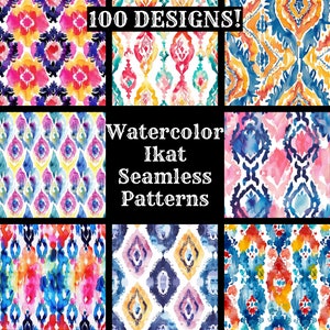 Può includere: Un collage di nove motivi ikat senza cuciture ad acquerello in vari colori, tra cui rosa, blu, giallo e bianco. Il testo "100 DESIGNS!" e "Watercolor Ikat Seamless Patterns" è visualizzato su uno sfondo nero.