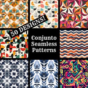 May include: A collage of nine colourful seamless patterns, with the text "50 DESIGNS!" and "Conjunto Seamless Patterns" in black text on a white background.