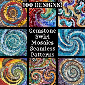May include: A collage of nine colourful mosaic patterns featuring swirling designs. The patterns are made of small, colourful tiles and are arranged in a repeating pattern. The text "Gemstone Swirl Mosaics Seamless Patterns" is written in white letters on a black background.