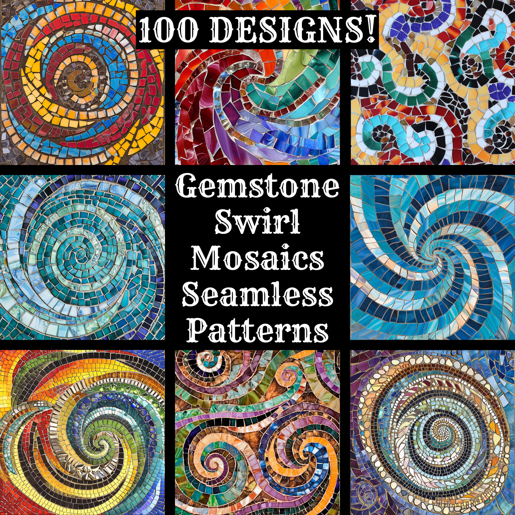 Gemstone Swirl Mosaic Seamless Patterns: Digital Scrapbook Paper