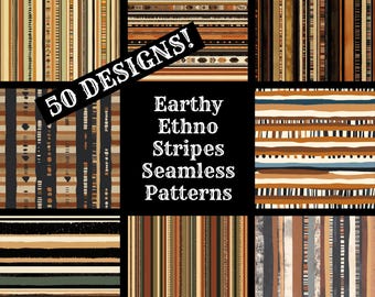 Earthy Ethno Stripes Seamless Pattern: 50 PNG Digital Papers (Digital Download)