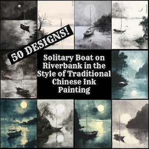 Bateau solitaire sur la berge dans le style de la peinture traditionnelle à l'encre de Chine, papier pour journal, papier imprimable, fournitures de journal vintage