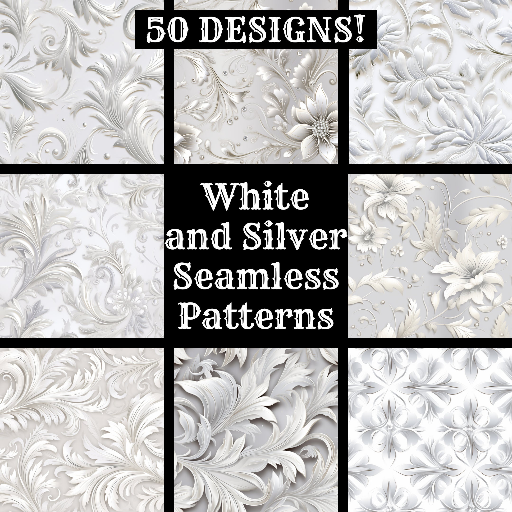 Patternless Silver White & Silver Seamless Patterns: 50 PNG Digital Papers (digital ...