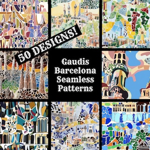 May include: A collage of nine colorful mosaic patterns inspired by the work of Antoni Gaudí, a famous Catalan architect. The patterns feature intricate designs of buildings, flowers, and geometric shapes. The text "50 DESIGNS!" and "Gaudís Barcelona Seamless Patterns" is displayed in the center of the collage.
