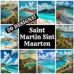 May include: A collage of 50 colorful images of beaches and coastlines in Saint Martin Sint Maarten. The images feature turquoise water, white sand beaches, lush green vegetation, and blue skies. The text "50 DESIGNS!" and "Saint Martin Sint Maarten" is superimposed on the images.