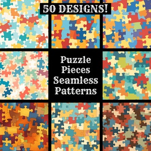 May include: Nine colorful seamless patterns featuring puzzle pieces. The patterns are made up of various shades of blue, red, yellow, green, and orange. The text "Puzzle Pieces Seamless Patterns" is displayed in the center of the image.