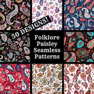 May include: A set of 50 paisley pattern designs in various colours and styles. The patterns are seamless and can be used for a variety of projects, such as fabric, wallpaper, and wrapping paper. The text "Folklore Paisley Seamless Patterns" is displayed in the centre of the image.