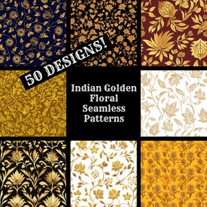 Patrones florales indios dorados sin costuras: 50 papeles digitales PNG (descarga digital)