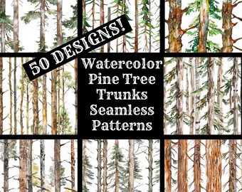 Watercolor Pine Tree Seamless Pattern: 50 PNG Digital Papers (Digital Download)