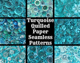 May include: 50 turquoise quilled paper seamless patterns. The patterns feature various designs, including swirls, circles, and flowers.