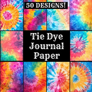 Pode incluir: 50 designs de papel de diário tie-dye. O papel apresenta uma variedade de padrões tie-dye coloridos, incluindo espirais, círculos e listras.