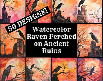 Papel de diario con acuarela de ruinas de cuervos: Álbum de recortes vintage (descarga digital PNG)