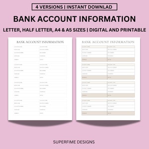 Afdrukbare bankrekeninggegevenstracker, bankrekeninglogboek, bankgegevens, A4/A5/brief, pdf-bestand direct downloaden, bankrekeningtracker