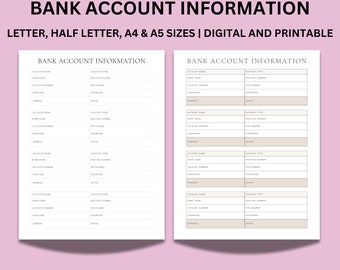 Bank Account Information Tracker: A4/A5/Letter PDF (Instant Download)