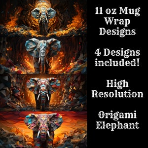 Origami Elephant 11 oz Mug Wrap Bundle 4 Pack Mug Wrap Sublimation Designs Mug PNG, Instant Download, Elephant Mug Elephant Sublimation