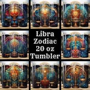 May include: Nine different designs of a 20 oz. stainless steel tumbler featuring a colorful, intricate illustration of the Libra zodiac sign. The tumblers are all black with a gold rim and lid. "Libra Zodiac 20 oz Tumbler" is written in white text on a black background.