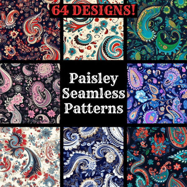 Paisley Seamless Digital Paper, Printable Scrapbook Paper Seamless Textures, Instant Download, Commercial Use Paisley Pattern Bundle 64