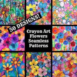 Crayon Art Flowers Carta digitale senza giunture, Crayon Art Flowers stampabile Scrapbook Paper Texture senza giunture, Download istantaneo digitale