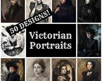 May include: A collage of 9 Victorian-style portraits, featuring people in dark clothing and elaborate hairstyles. The text "50 DESIGNS! Victorian Portraits" is superimposed on the image.