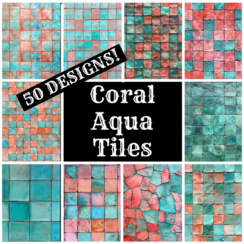 a collage of different colored tiles with the words 50 designs coral aqua tiles