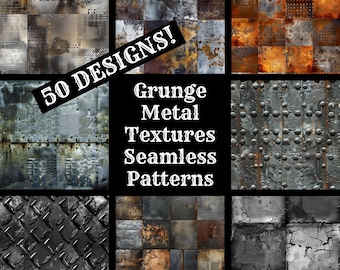 May include: A collage of 50 grunge metal textures and seamless patterns. The textures are in various shades of gray, brown, and rust. The patterns include metal plates, rivets, and cracked paint.