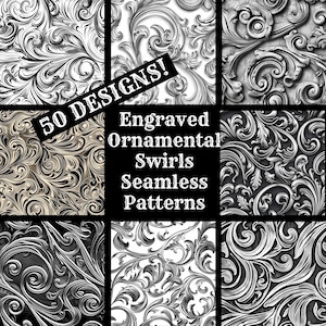 Könnte beinhalten: Eine Collage aus neun Schwarzweißbildern mit komplizierten, gravierten Ornamentwirbeln. Der Text "50 DESIGNS! Engraved Ornamental Swirls Seamless Patterns" wird in der Mitte der Collage angezeigt.