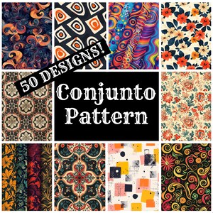 May include: A collage of 50 different colourful patterns, including floral, geometric, and abstract designs. The text "50 DESIGNS! Conjunto Pattern" is superimposed on the image.