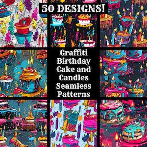 グラフィティバースデーケーキとキャンドルシームレスデジタルペーパー印刷可能なスクラップブックペーパーシームレステクスチャデジタルインスタントダウンロードグラフィティケーキ