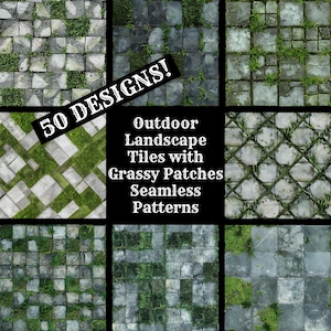Puede incluir: 50 patrones sin costuras de baldosas de piedra gris con parches de hierba verde.  Outdoor Landscape Tiles with Grassy Patches Seamless Patterns.
