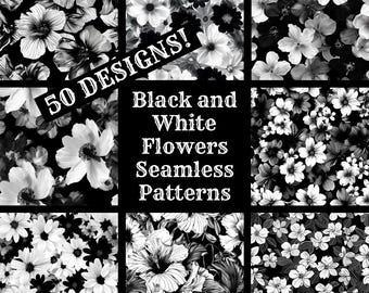 Black and White Floral Seamless Paper: 50 PNG Designs (Digital Download)