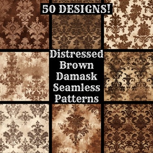 May include: 50 distressed brown damask seamless patterns. The patterns are in a variety of shades of brown and beige, and have a vintage, worn look.