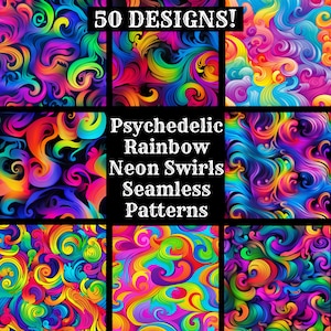 Könnte beinhalten: 50 psychedelische Regenbogen-Neon-Wirbel-Nahtlose Muster. Die Muster sind in einer Vielzahl von Farben, darunter Rot, Orange, Gelb, Grün, Blau, Indigo und Violett. Die Muster sind alle auf einem schwarzen Hintergrund.