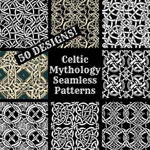 May include: Set of nine black and white Celtic knot seamless patterns. The patterns are intricate and detailed, and they are perfect for use in a variety of design projects. The text "50 Designs!" and "Celtic Mythology Seamless Patterns" is included in the image.