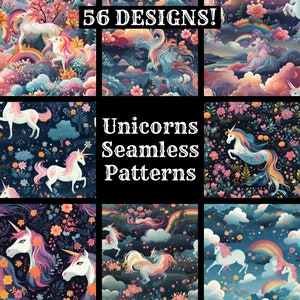 Puede incluir: Un conjunto de 56 patrones sin costuras con unicornios en una variedad de entornos coloridos. Los patrones incluyen arcoíris, nubes, flores y estrellas.  "Unicorns Seamless Patterns" está escrito en texto blanco sobre un fondo negro.