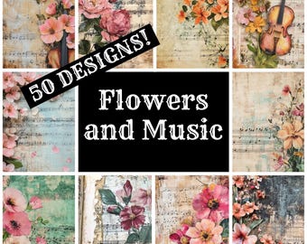 Flowers and Music Journal Paper: Vintage Scrapbook Printables (Digital Download)