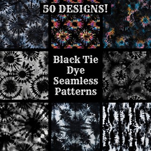 Op de afbeelding: Een collage van negen zwart-witte tie-dye patronen. De tekst "50 DESIGNS!" en "Black Tie Dye Seamless Patterns" wordt in het midden van de afbeelding weergegeven.