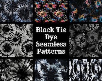 May include: A collage of nine black and white tie dye patterns. The text "50 DESIGNS!" and "Black Tie Dye Seamless Patterns" is displayed in the center of the image.