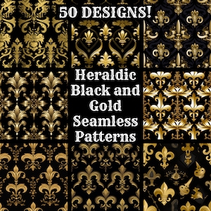 Heraldic Black and Gold Seamless Digital Paper, Printable Scrapbook Paper Seamless Textures, Digital Instant Download Heraldic Background