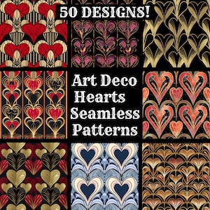Art Deco Hearts Seamless Pattern: 50 PNG Digital Papers (Digital Download)